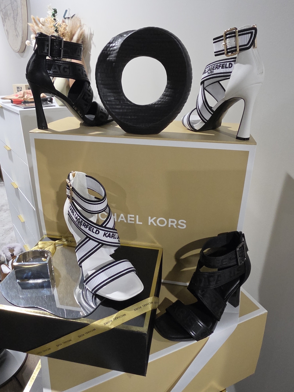 Karl Lagerfeld Strappy High Heel Sandals in Black and White